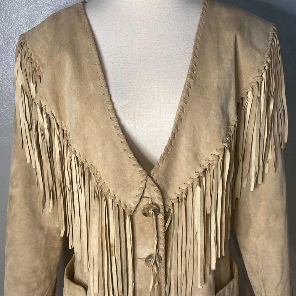 Leather Fringe Jacket By Team Work Pockets Nice Stitching Western Cowgirl Ranch - Picture 3 of 16